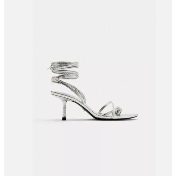 Zara Womens Metallic Heeled Silver Sandals Heels EU 41 US 10 1331/210 NWT - Picture 1 of 10